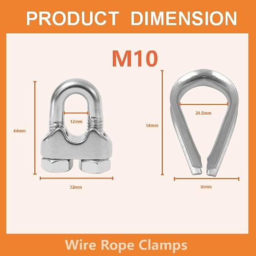 8 Pcs M10 Cable Clamps,Wire Rope Clamp,4 Pcs 3/8" Thimble | Stainless Steel Smooth Rods for Industry, Metal Working Hobbies and DIY Craft