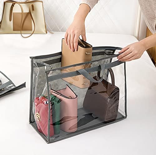 10 Set Handbag Storage Organizer Dust Bags for Purses Handbags Closet, Clear Purse Protector Storage Bag Dust Cover for Bags, Closet Organizer for Handbags with Hooks, Grey
