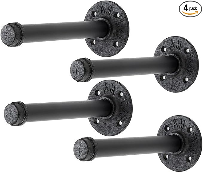 6 Inch Black Industrial Pipe Floating Clothing Rack Wall Mounted, Heavy Duty Garment Rack for Hanging Clothes, Multi-purpose Hanging Rod for Closet Storage, 4 Pack