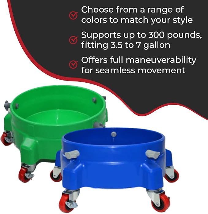 Heavy Duty Car Wash Bucket Dolly with 360° Swivel Casters | Fits 3.5–7 Gallon Buckets | 300 lb Capacity | Soap Holder | Rolling Pail Stand for Auto Detailing |Green