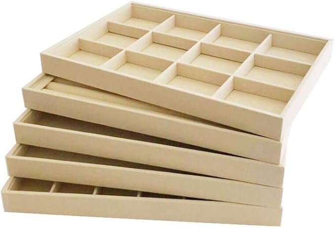 Large Stackable Jewelry Display Tray Case Organizer Premium Velvet Soft Light Beige Home Store Sales Shows (12 Grid)