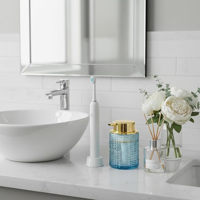 Glass Foaming Soap Dispenser,Foam Dispenser Bottle with Large Pump,Wide-Mouthed and Easy to Press,Refillable Hand Soap Dispenser for Bathroom Countertop and Kitchen Decor (1, Blue)