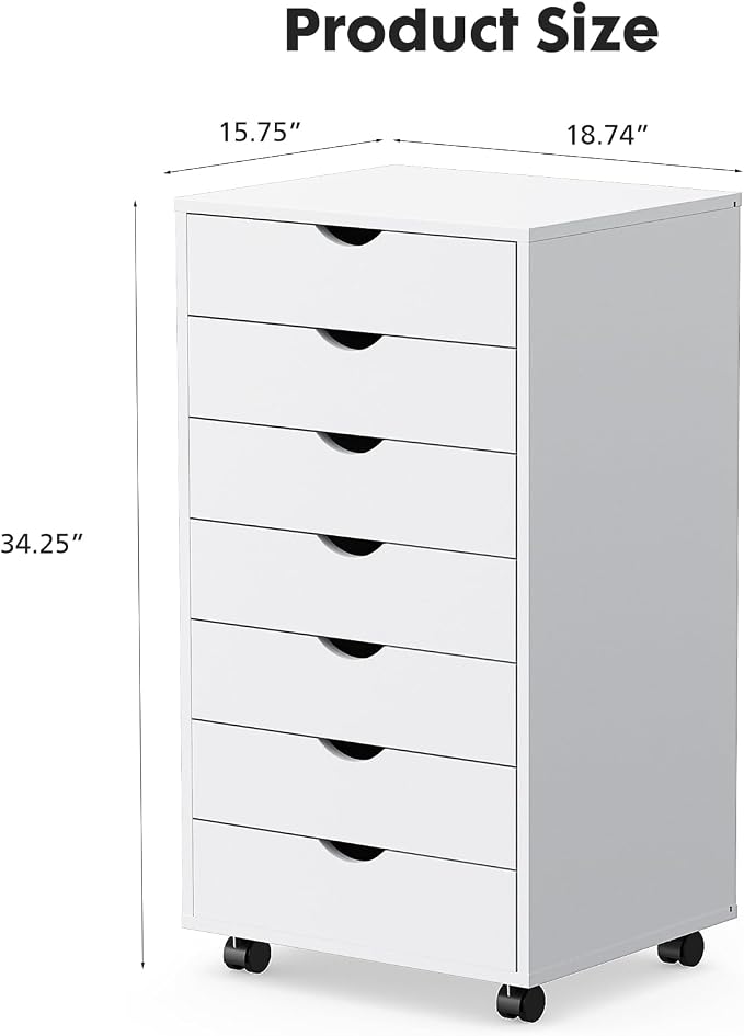 OLIXIS 7 Drawer File Cabinet on Wheels, Printer Stand | Fits Under Desks, Wood Storage Organization Holds Printer, Office Supplies, Not For Hanging Files, For Home Office Use White