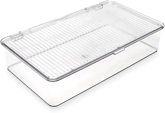 Isaac Jacobs Small Stackable Organizer Bin (10.75” x 6.5” x 2.4”) w Hinged Lid Clear Storage Box Home Office School Fridge Bathroom Kitchen Pantry Container BPAFree Food Safe (Small Clear)