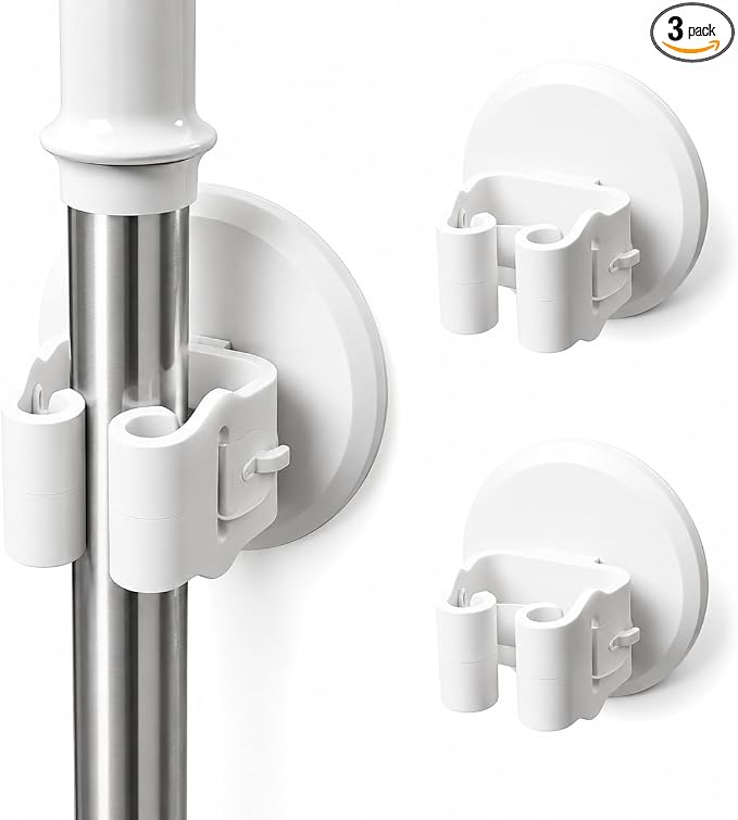 Broom Holder Wall Mount Adhesive 3 Pack Mop Holder Wall Mount, Broom Gripper, Broom and Mop Organizer Wall Hanging, No Drill Broom Hanger for Bathroom, Kitchen, Laundry Room, Garage Holds up to 4 lb