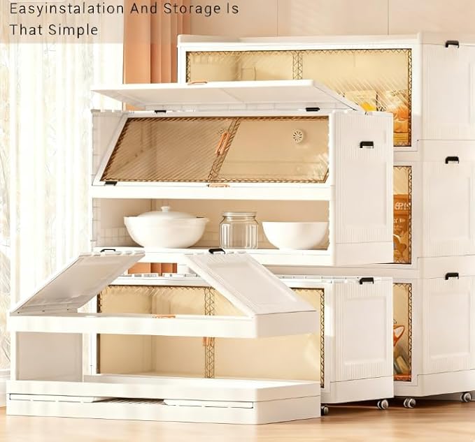472QT Stackable Storage Bins with Lid,118Gal Closet Organizers and Plastic Cabinets Shelves, Collapsible Drawers, Foldable Boxes with Wheels for Home Office, 3Pack (Clear Door, 31inch)