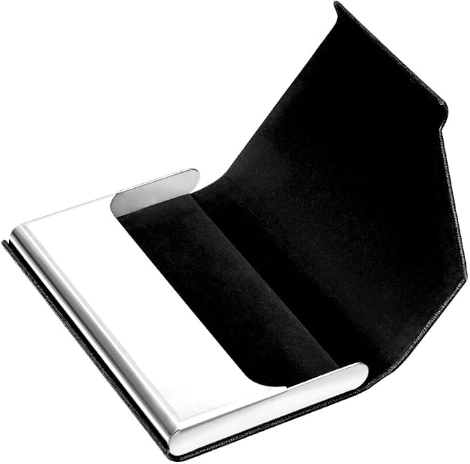 Padike Business Card Holder, Upgraded Leather Business Card Case Pocket Card Holders for Men or Women, Metal Slim Name Card Holder RFID Blocking Business Card Carrier with Magnetic Closure(Black)