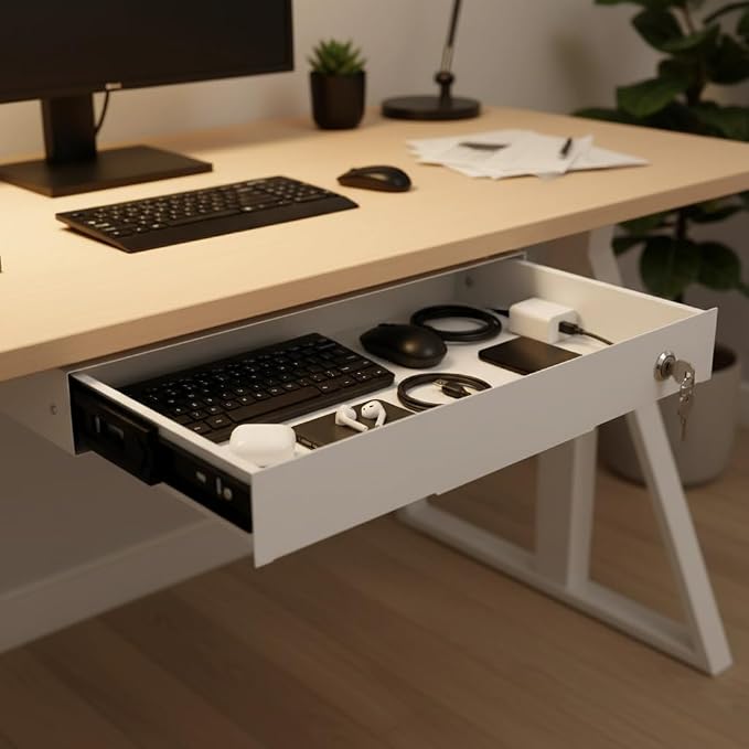 14" Under Desk Mounted Drawer, White Slide Out Pull-out Drawer Attachable Storage Drawers, Lockable Under Drawers for Sit Workstation Office