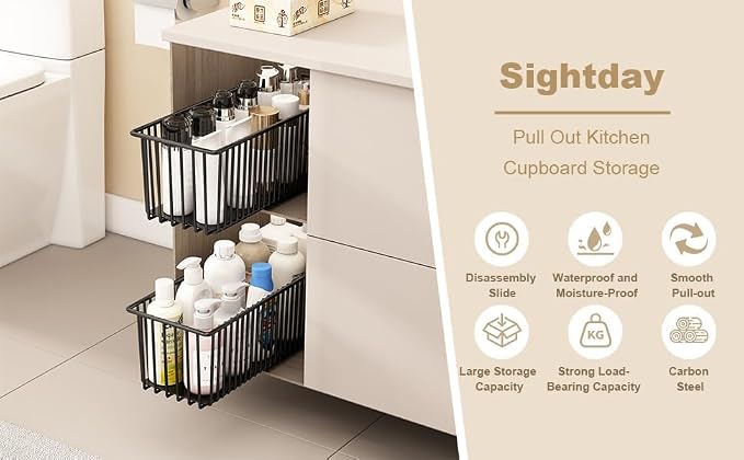 TrailBlaze Heavy Duty Pull Out Wire Storage Baskets for Kitchen Cabinets – Carbon Steel Slide-Out Drawers – Undershelf Pantry & Bathroom Organizer – Easy Install – 152x412x162mm – 2-Pack
