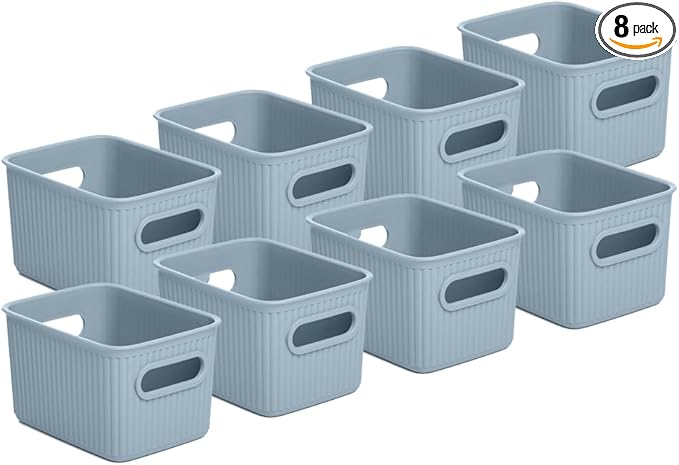 Superio Decorative Plastic Basket Open Home Storage Bins Organizer Baskets, Small, Blue (8 Pack) Container Boxes for Organizing Closet Storage Bins for Shelves Drawer Shelf, 1.5 Liter