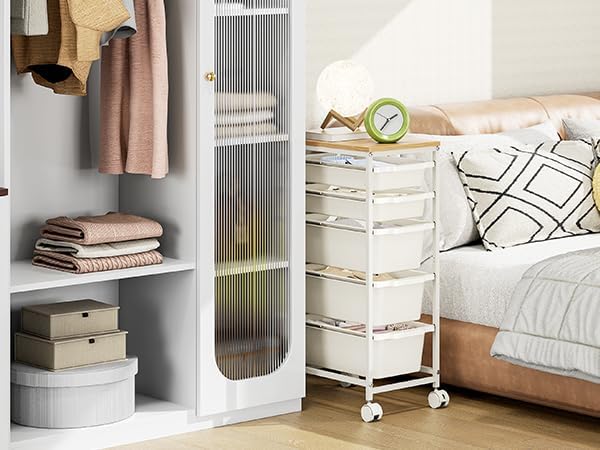 Slim Rolling Storage Cart with 5 Drawers, Craft Organizer, Wooden Tabletop Utility Cart for Bedroom, Children's Room and Office Organization, Table Side Trolley with Lockable Wheels, White