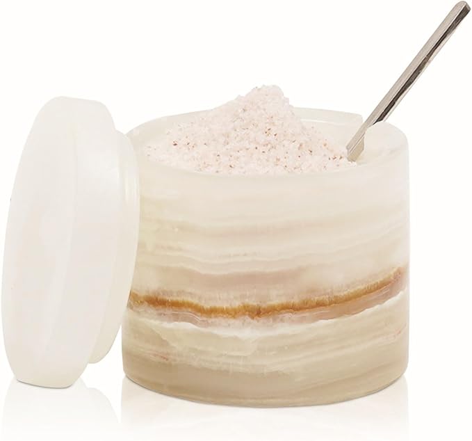 Marble Salt Cellar 3 Inch Cream Onyx Salt Containers for Countertop, Sugar Bowl With Lid, Salt Holder, Spice Jars, Salt Box for Seasoning Storage Container, Salt Dish for Kitchen Decor