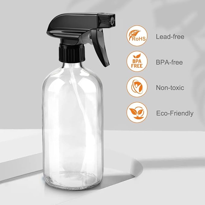 Worldgsb Glass Spray Bottles, 16oz*2+4oz*2+2oz*4 Refillable Containers, Empty Boston Round Bottles with Adjustable Nozzle for Cleaning, Gardening, Aromatherapy, Pets, Plant, Hair - Clear