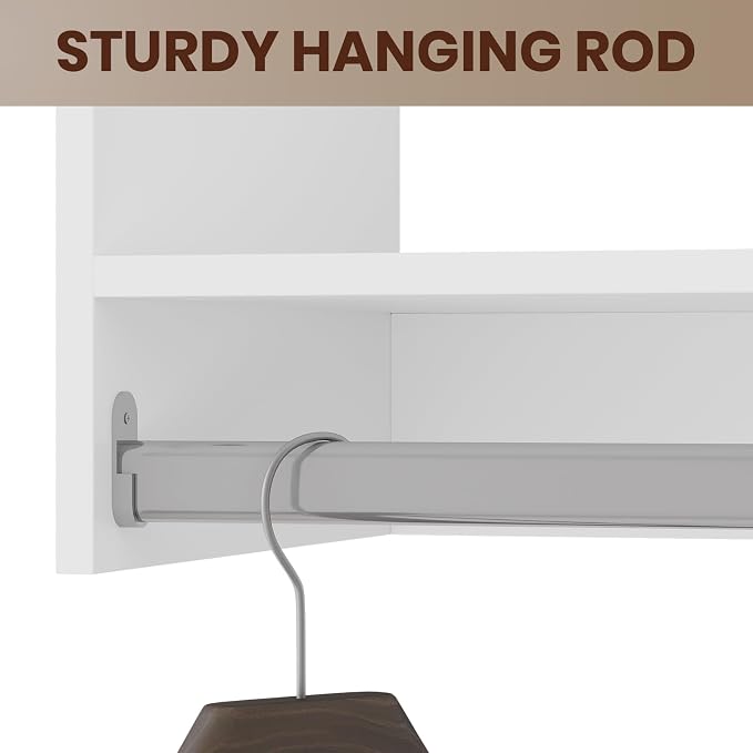 ROOMTEC Modular Closet System, 72" Closet Organizer with Hanging Rods, Wall-Mounted Wooden Tower for Walk-In Closets, Wardrobe Storage Kit, White