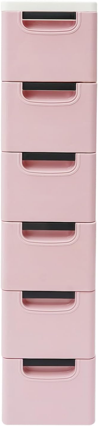 6 Drawers Narrow Storage Cabinet, Stackable Plastic Storage Tower Slim Utility Organizer for Kitchen Bathroom Living Room Office (Light Pink)