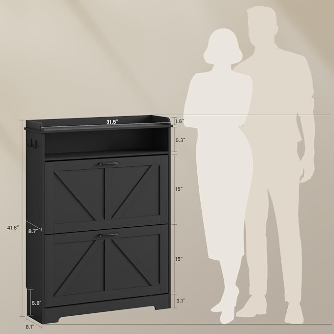Shoe Cabinet with 2 Flip Drawers, Farmhouse Narrow Shoe Cabinet Organizer with 2 Adjustable Shelves & 2 Hooks, Shoe Rack for Entryway, Foyer, Hallway, Black, 31.5" W x 8.7" D x 41.7" H