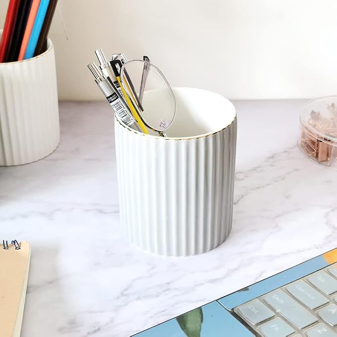 CROWNOS Pen Holder for Desk, Ceramic Pencil Cup Office Desk Organizer, Makeup Brush Holder, Light Gray