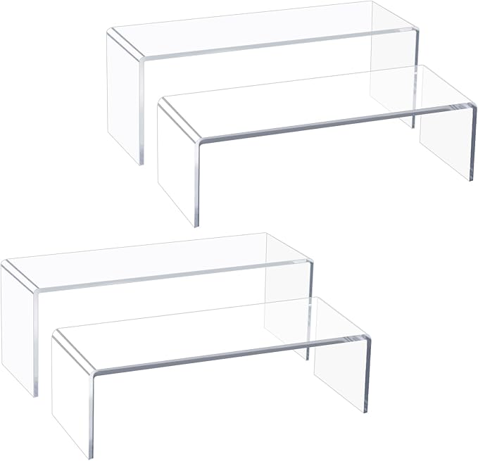 Acrylic Display Riser Stand,12'',4Pc Tiered Shelf Risers for Figurines | Clear 5mm Thick plastic steps rack matching perfume, cupcake, jewelry, pop collectibles. Stackable food buffet table setup