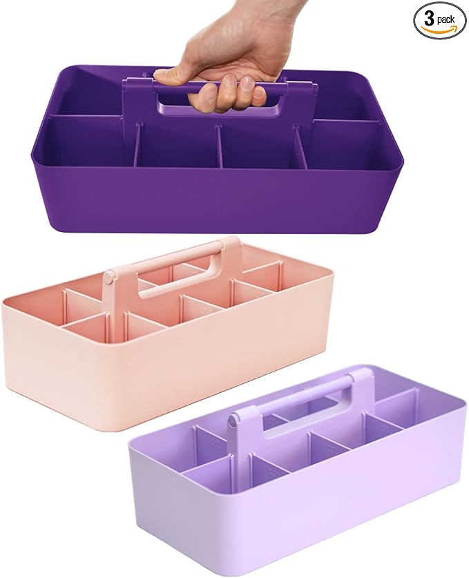 -Large Portable Caddy, DIY Dividers, 8 Compartments, School Office Supplies Home Business Portable Basket with Handle Storage Made in USA (3 PACK, Royal Purple/Lavender/Pink)
