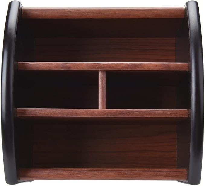 Siveit Wooden Desk Organizer, 4 Compartment Revolving Wood Desktop Organizer Office Supplies Rotating Remote Control Caddy Holder (Desk Organizer-4)