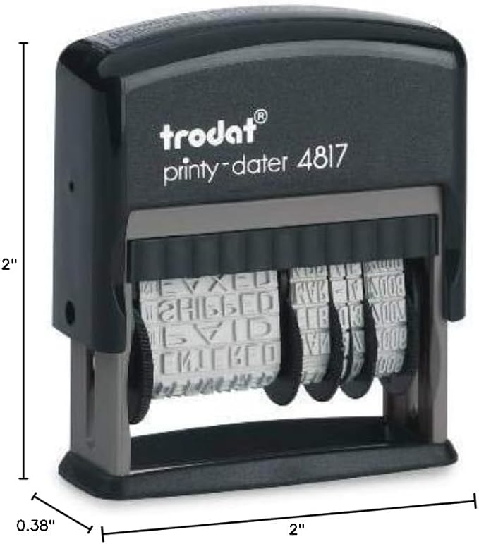 Trodat Rotating Stock Message Phrase Dater Self-Inking Rubber Stamp - Answered, Checked, Back Ordered, Delivered, Cancelled, Entered, Billed, Paid, Received, Shipped, Charged, FAXED (Black)