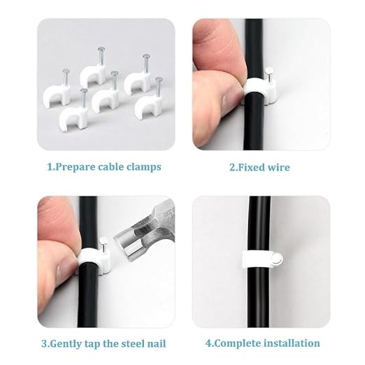 HS Cable Clips 8mm with Steel Nail 200 Pieces Black，Ethernet Management U Shaped Wire Cord Staples Hooks for Outdoor Wall,Coax Cat7 RG8 Cable Extension Fasteners