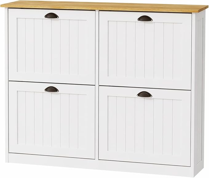 Shoe Storage Cabinet for Entryway, 16-24 Pairs Farmhouse Slim Shoe Cabinet with 4 Flip Drawers, Adjustable Shelves & Anti-Tipping Freestanding White Shoe Organizer for Small Space Hallway Apartment