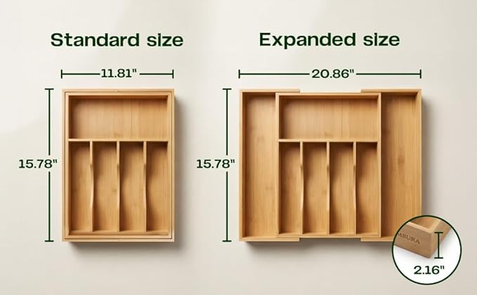 Expandable Bamboo Silverware Drawer Organizer, Kitchen Utensil Tray