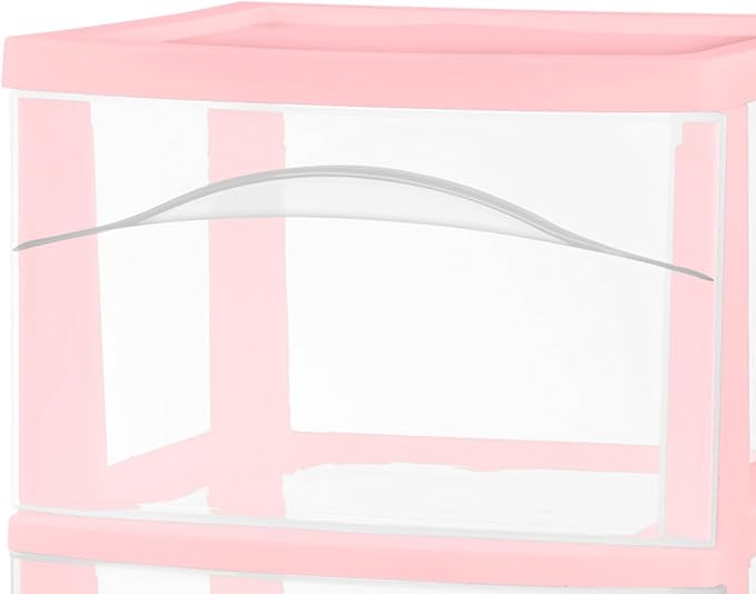 Sterilite 2 Pack 3 Drawer Storage Cart, Plastic Rolling Organization, Pink | Clear Plastic Organizer Drawers with Wheels for Craft Supplies, Bath Essentials, or Home Accessories
