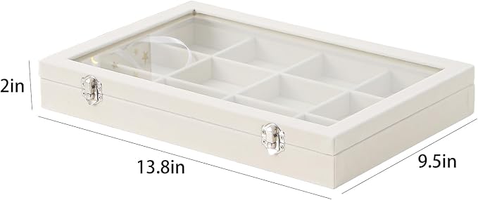 Coward Jewelry Organizer Box, Beige Velvet 12 Grids Bracelet Bangle Necklace Jewelry Display Tray Case with Transparent Glass Lid for Home Drawer Desk or Store Selling Show