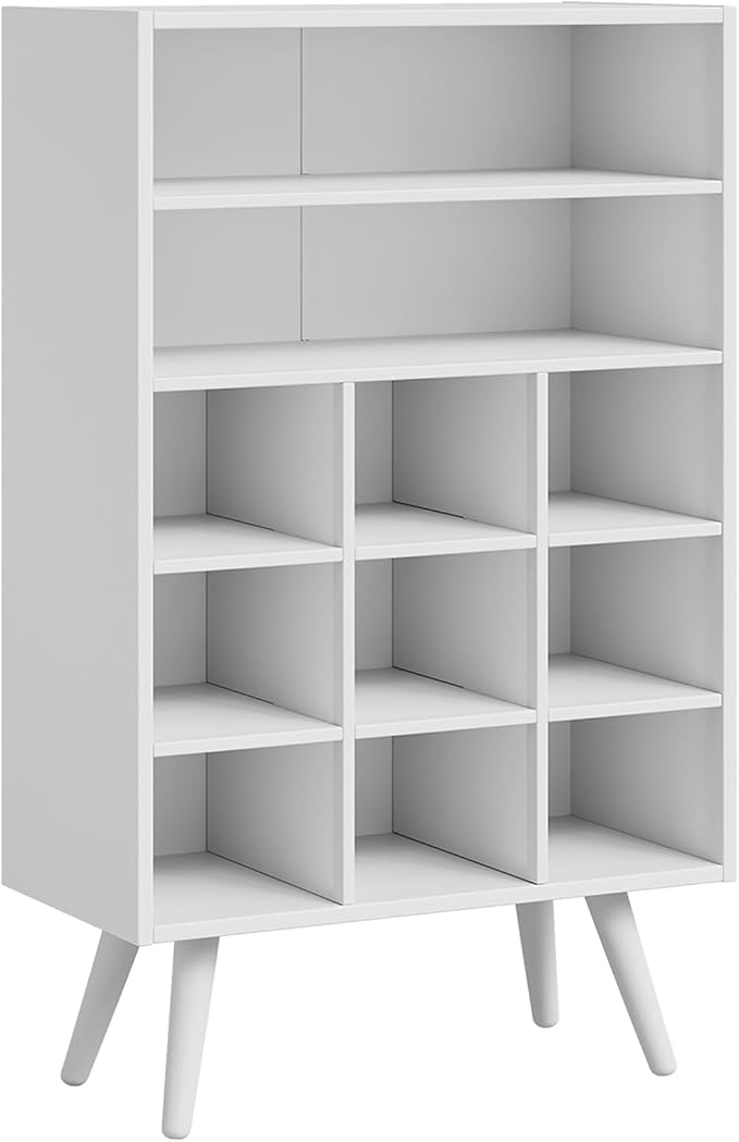 5 Tiers Shoe Storage Cabinet, Stackable Shoe Cubby Wooden Shoe Rack Organizer with 9 Cubbies, 2 Shelves and Legs, 10-15 Pairs, Freestanding Shoe Organizer for Closet, Entryway, Bedroom, White