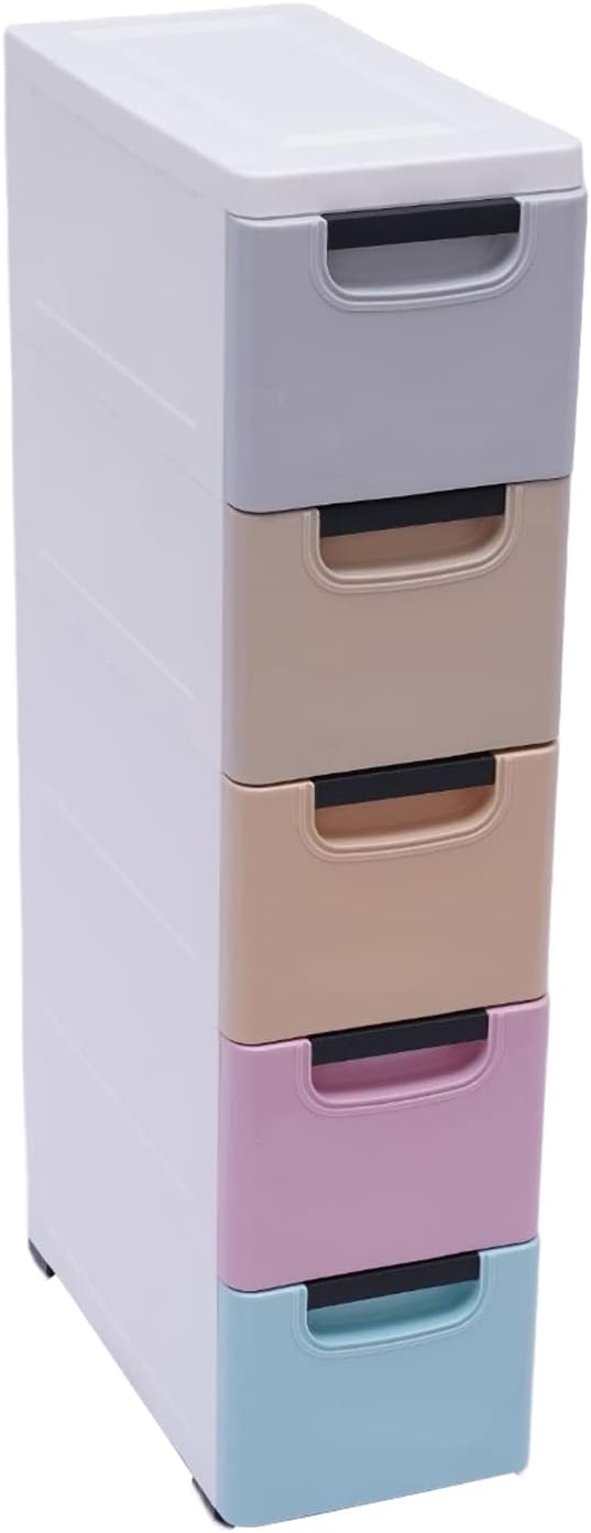 Plastic Stackable Storage Cart 5 Drawer Containers Storage Organizer Unit Mobile Stacking Bins [Multi Color A 7.9"x15.7"x33.1"]