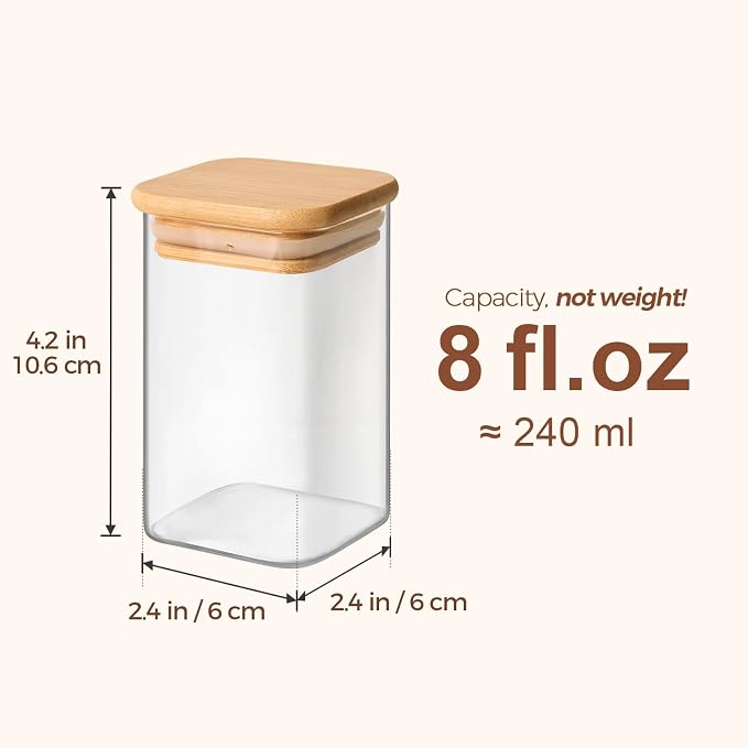 ComSaf Glass Spice Jars with Labels 8 oz 16 Pack Square Bamboo Lids | Empty Containers, Seasoning Herbs Powders, Salt Pepper Chili, Spice Rack Organization, Kitchen Cabinet Storage, Dry Goods