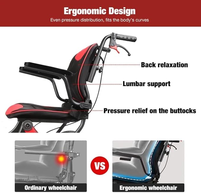 Wheelchairs for Adults,Transport Wheelchair Lightweight Foldable with Removable Cushion,Ergonomic Transfer Chair with 11-inch Rear Wheels for All Terrains,Travel Wheelchair,Red