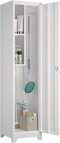 Slim Broom Storage Cabinets, Metal Cabinet with Shelves and Hanging Rod, 15.75" W Utility Storage Cabinet with Locking Door, Slim Cabinet for Small Spaces, Kitchen, Pantry, Office, Shop