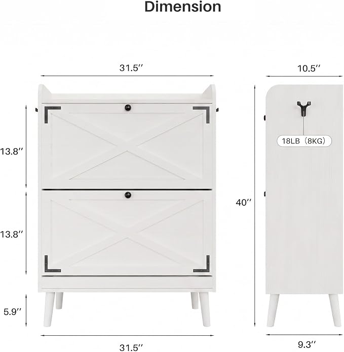 YZ HOME Shoe Storage Cabinet with 2 Flip Drawers, Entryway Shoe Cabinet with 2 Metal Hooks & Adjustable Shelves Freestanding Shoe Organizer Narrow Shoe Rack for Entrance Hallway Foyer Front Door