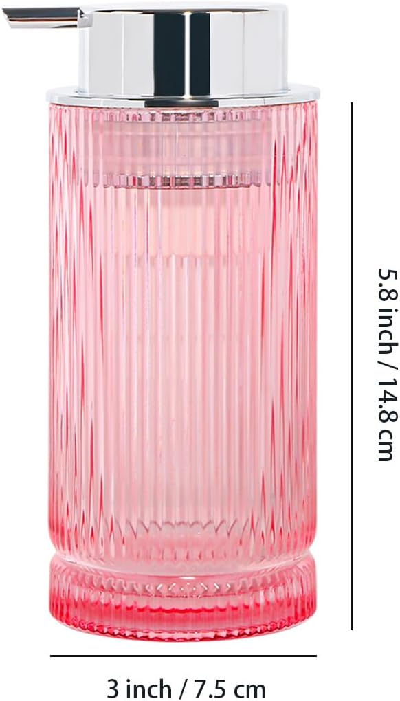 Foaming Soap Dispenser, Glass Foam Hand Soap Dispenser with Pump, 14 Oz Bathroom Refillable Liquid Lotion Pump Ribbed Bottle Container for Kitchen Countertop Decor (1, Pink Silver)
