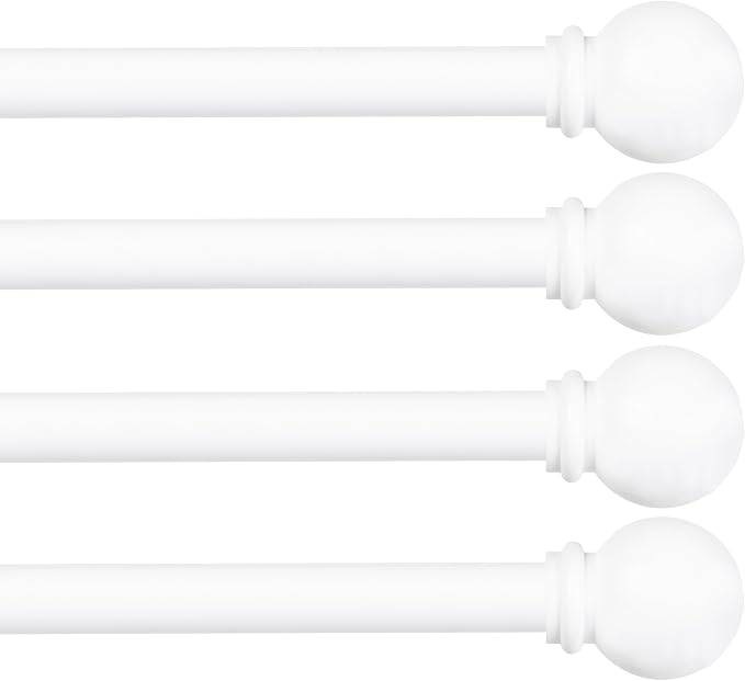 Kenney Chelsea Ball End Window Curtain Rod, Adjustable Curtain Rod for Windows 48 to 86 Inches, Extendable Curtain Rod Set, White Curtain Rod, Curtain Rods 4 Pack