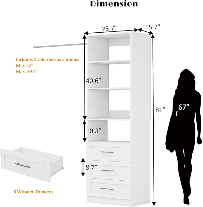 Closet Organizer System with Drawers Wood Closet Shelving System Small Walk in Closet Standalone Corner Closets Storage with Hanging Rods White (2FT)