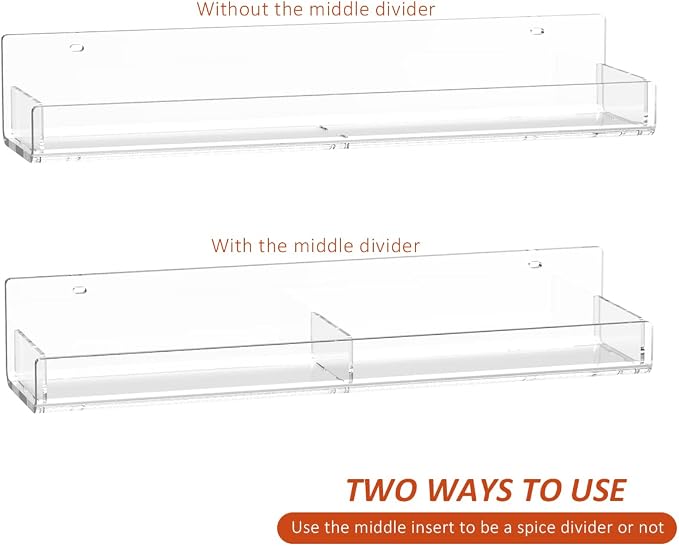 Sezanrpt Acrylic Spice Rack Wall Mount, Hanging Spice Shelf Racks for Seasonings, Kitchen Spice Jars Wall Organizer Storage Holder, 2 Pack