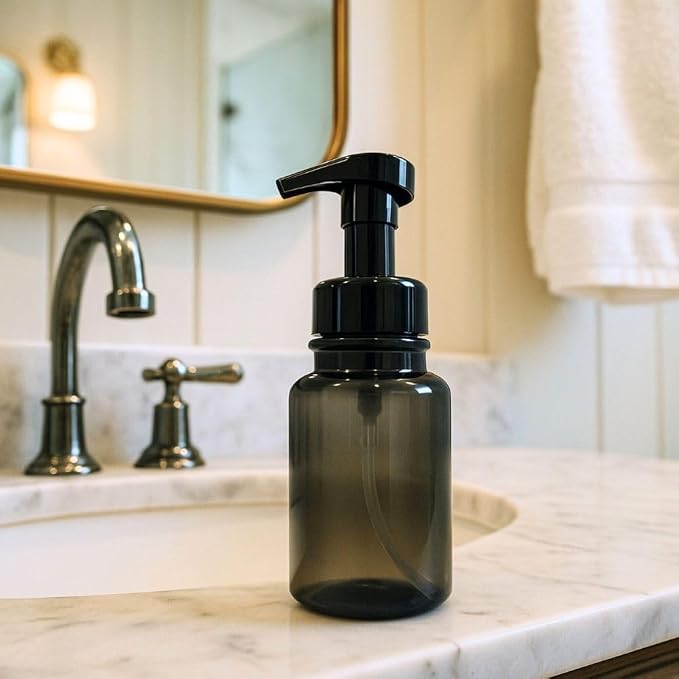 14 oz Plastic Foaming Soap Bottle Dispenser (Gray/Black) | refillable, countertop bottle, for kitchens, for bathrooms, luxurious foam