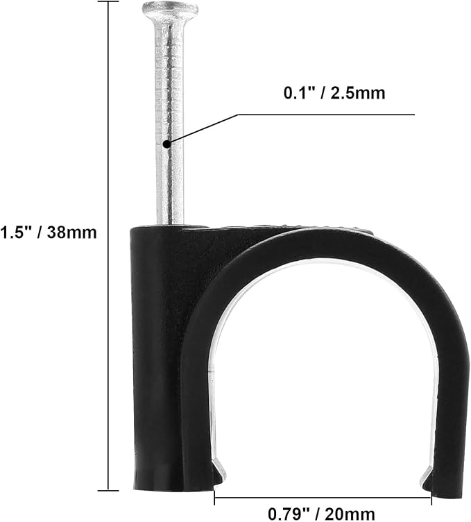 Half Clamp J-Hook with Nail, 3/4" / 20mm, Black, 50pcs | Cable Clips, Ethernet Cable Nails Tacks Clips, Nail in Design