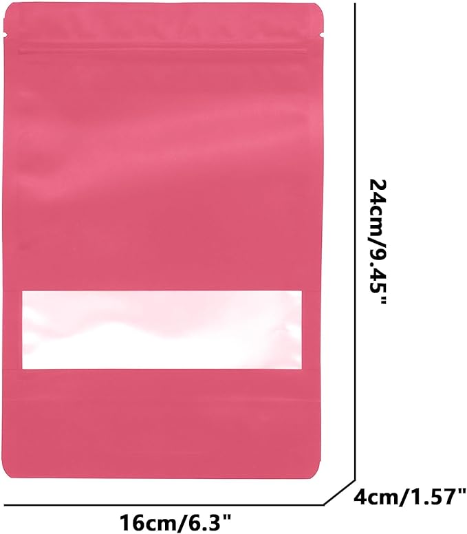 100PCS Foil Pouch Mylar Bags with Clear Window,ULIFESTAR Stand Up Sealable Bags with Tear Notches,Resealable for Food,Party Favors,Gift Packaging and Small Business(16 * 24cm/6.3 * 9.45",Pink)