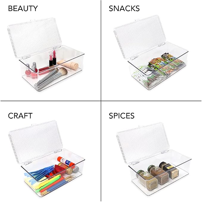 Isaac Jacobs Medium Stackable Organizer Bin (10.75”x6.5”x3.7”) w/ Hinged Lid, Clear Storage Box, Home, Office, School, Fridge, Bathroom, Kitchen, Pantry Container, BPA-Free, Food Safe (Medium, Clear)