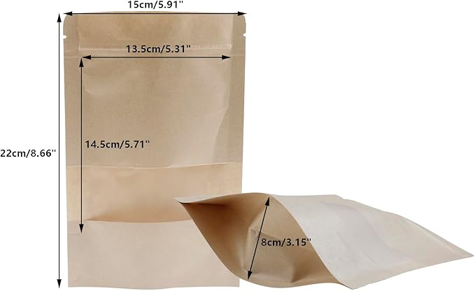 Kraft Paper Zipper Pouches,ULIFESTAR Kraft Stand Up Zip Lock Pouch Bags,100PCS Resealable Bag with Transparent Window and Tear Notch Resealable Bag for Small Business HomeUse,5.9"*8.7"(15 * 22cm+4cm)