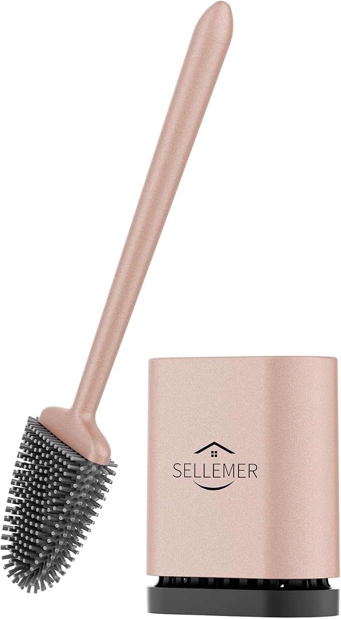Sellemer Silicone Toilet Brush, Ventilation Slots Holder 1 Pack, Rose Gold | Flexible Bristles Flat Head for Rim, Hair Tangle-Free, Easy to Clean, Compact Design, Rustproof Handle, for Toilet/Sink/Tub