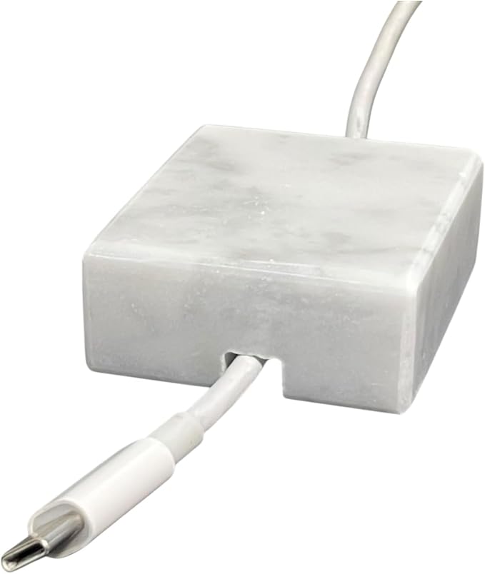 Cord Organizer – Polished Marble Cable Tidy, Single | Handmade polished white marble cord holder keeps a charging cable tidy on your desk. Weighted, non-slip. Single slot.