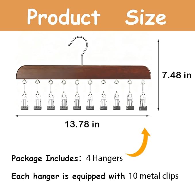 4 Pack Hat Hangers for Closet Display, Wooden Hat Storage Organizer with 40 Metal Clips for Baseball Caps, Summer Hat Rack for Beanie, Skullies, Visors, Walnut Brown Color
