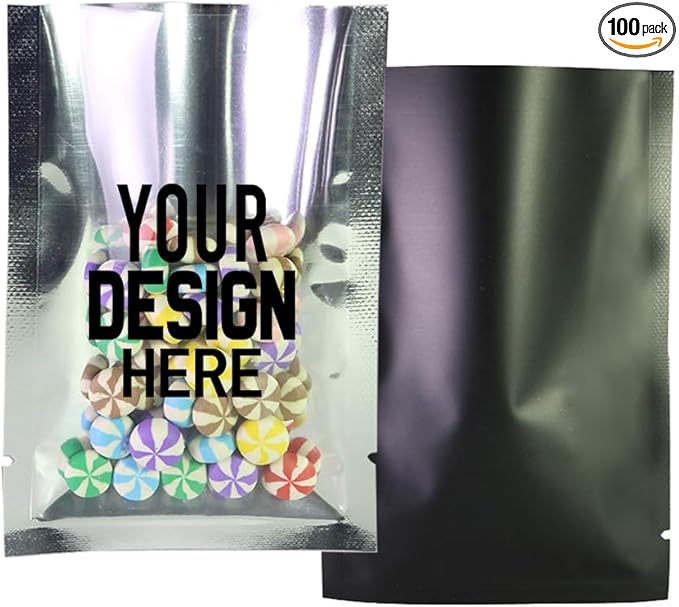 100PCS Customized Mylar Heat Seal Bags,Open Top Clear Packaging Bag with Tear Notch, Single-Side Printing for Logo/Text/QR Code (Black, 10 * 15CM/4.0"*6.0"-100PCS-One Color Print)