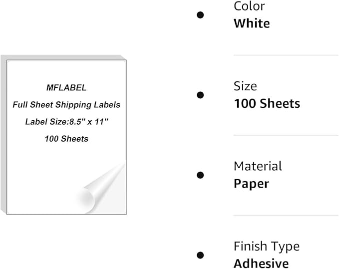 MFLABEL Full Sheet Sticker Label, Address Sticker, White Matte Label Paper, 8-1/2" x 11" Shipping Labels for Laser & Inkjet Printer (1500 Labels, 1500 Sheets)